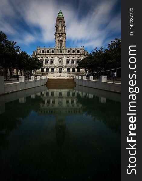 Porto Town Hall Reflected On Water