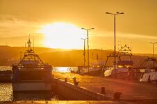Sunset Light In A Harbor The Spanish Town Palamos In Costa Brava Stock Photography