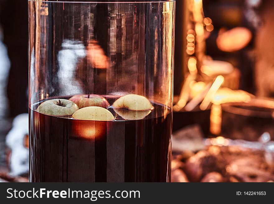 Mulled wine for sale at the country fair. Close-up. Christmas, event, traditional drinks