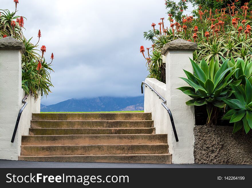 Stairs in a lush tropical garden with cloud covered hills in the distance. Stairs in a lush tropical garden with cloud covered hills in the distance