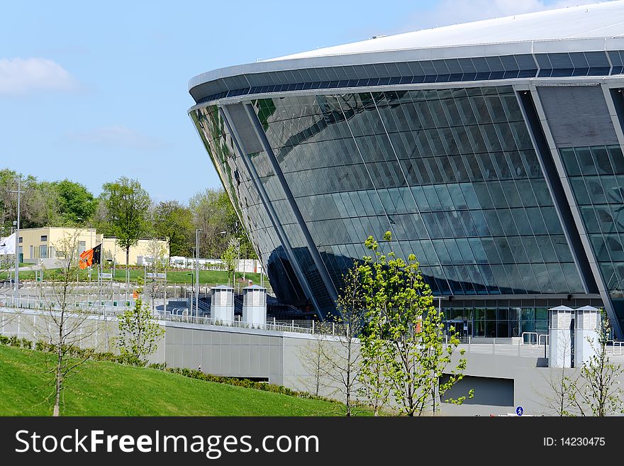 The stadium is constructed of glass and metal for football. The stadium is constructed of glass and metal for football
