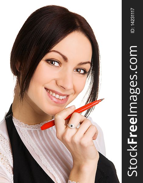 Cute businesswoman pointing aside with a marker, white background. Cute businesswoman pointing aside with a marker, white background