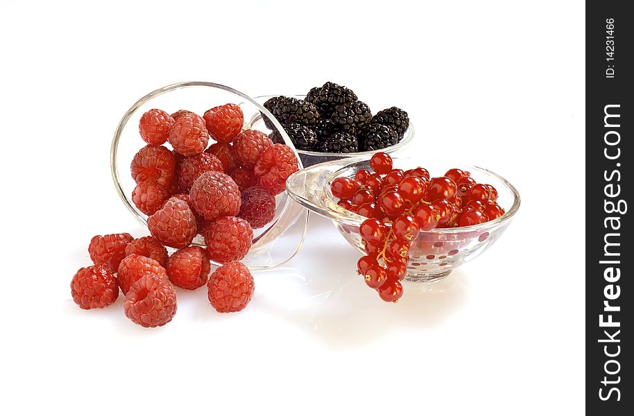 Blackberries raspberries and currants on a white background. Blackberries raspberries and currants on a white background