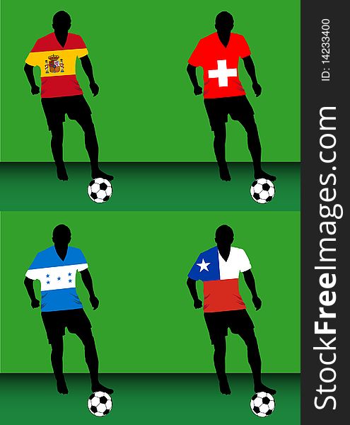 Silhouettes of soccer players with national flags reproduced on their shirts. Teams of group H for 2010 World Cup (vector format pending review). Silhouettes of soccer players with national flags reproduced on their shirts. Teams of group H for 2010 World Cup (vector format pending review)