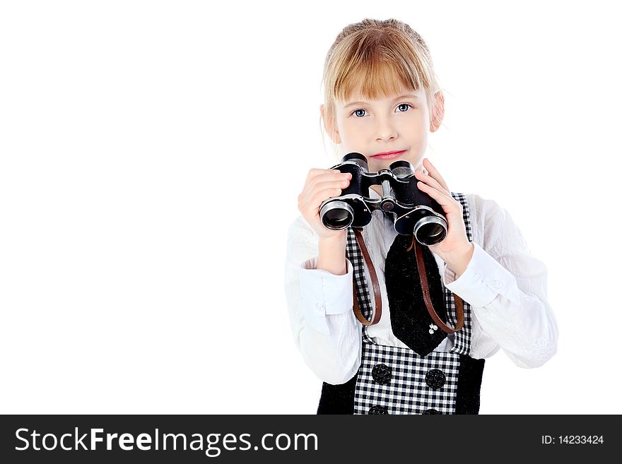 Shot of a girl with a binocular. Isolated over white background.
