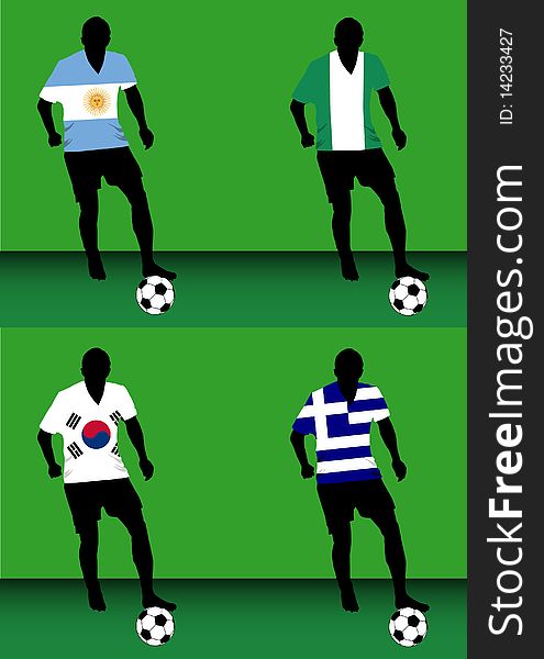 Silhouettes of soccer players with national flags reproduced on their shirts. Teams of group B for 2010 World Cup. Silhouettes of soccer players with national flags reproduced on their shirts. Teams of group B for 2010 World Cup