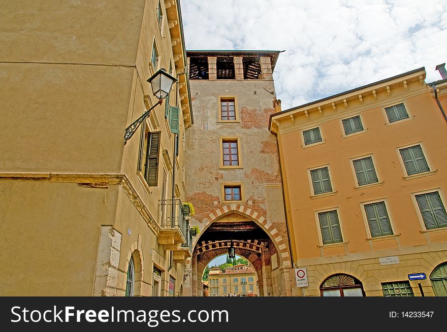 The guard tower by  the ponte pietra
bridge in verona in italy. The guard tower by  the ponte pietra
bridge in verona in italy