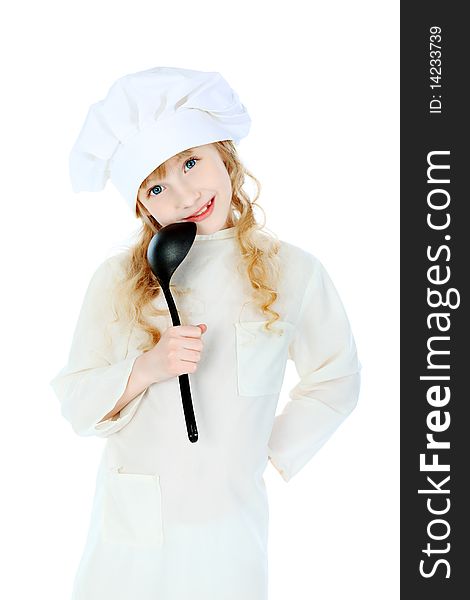 Shot of a little kitchen girl in a white uniform. Isolated over white background. Shot of a little kitchen girl in a white uniform. Isolated over white background.