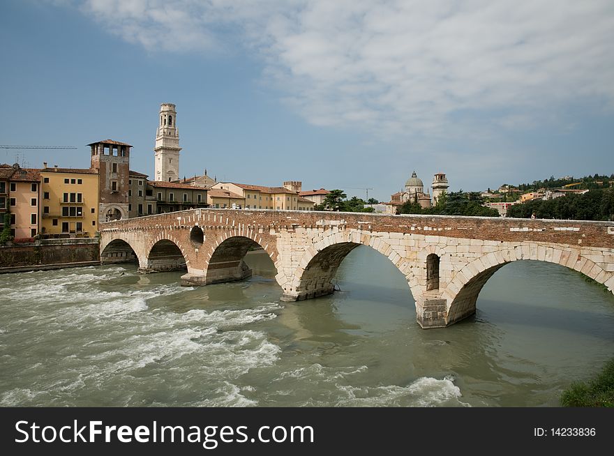 The ponte pietra
bridge and landscape  in verona in italy. The ponte pietra
bridge and landscape  in verona in italy