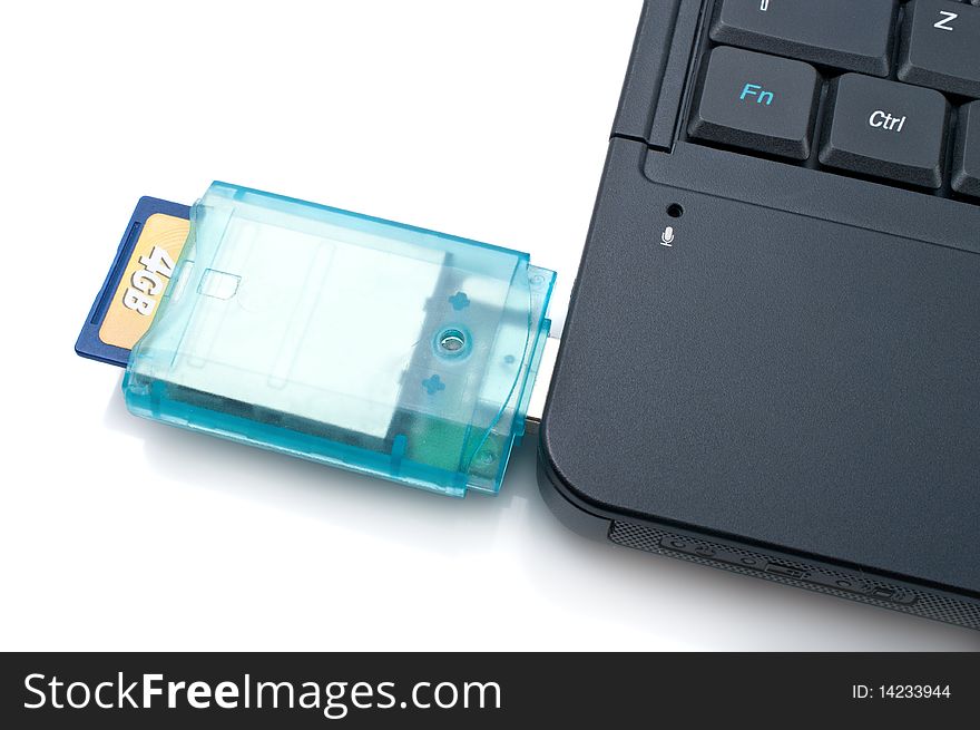 Laptop with Loaded Card Reader,isolated on white background