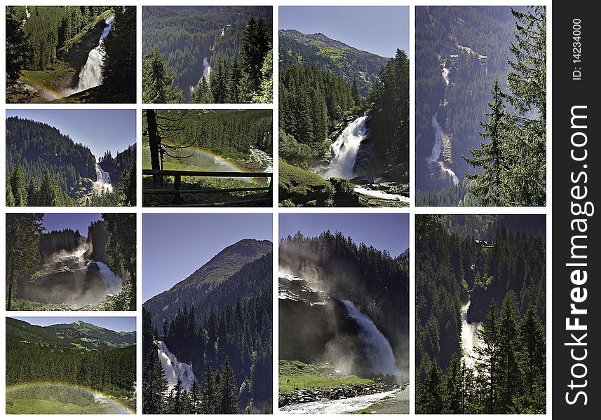 This image shows different views of the waterfall of Krimml, in the Austrian Alps