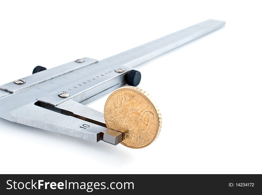 Calipers with euro coin  isolated on white background