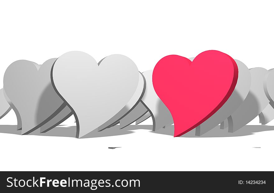 Red Heart In Group of gray heaths white background