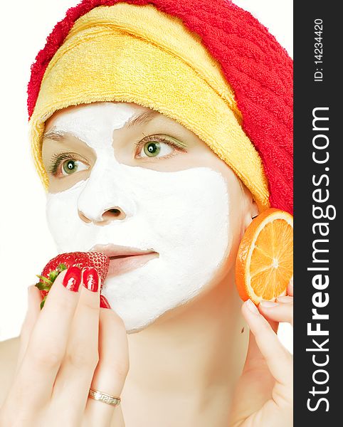 Girl with a face mask on a white background