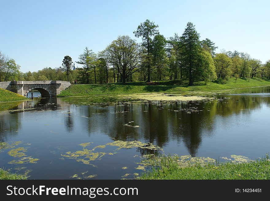 Landscape of palace park with lake in Gatchina