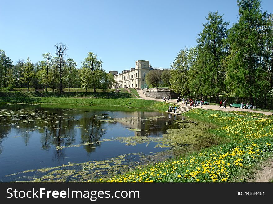 Landscape of palace park with lake in Gatchina, Petersburg