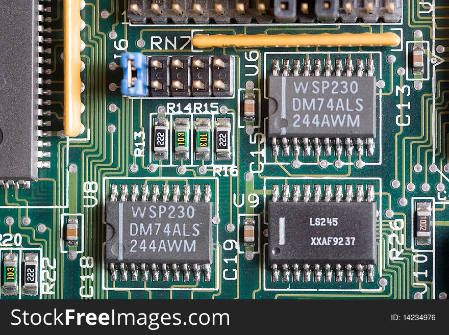 Very closeup of electronic circuit board