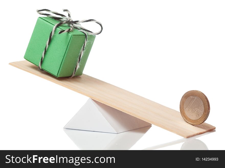 Present box balance with euro coin on white isolated background. Present box balance with euro coin on white isolated background