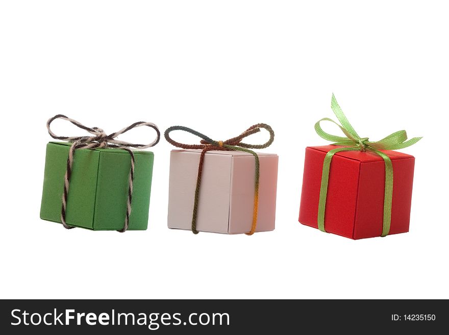 Three present boxes on white isolated background. Three present boxes on white isolated background