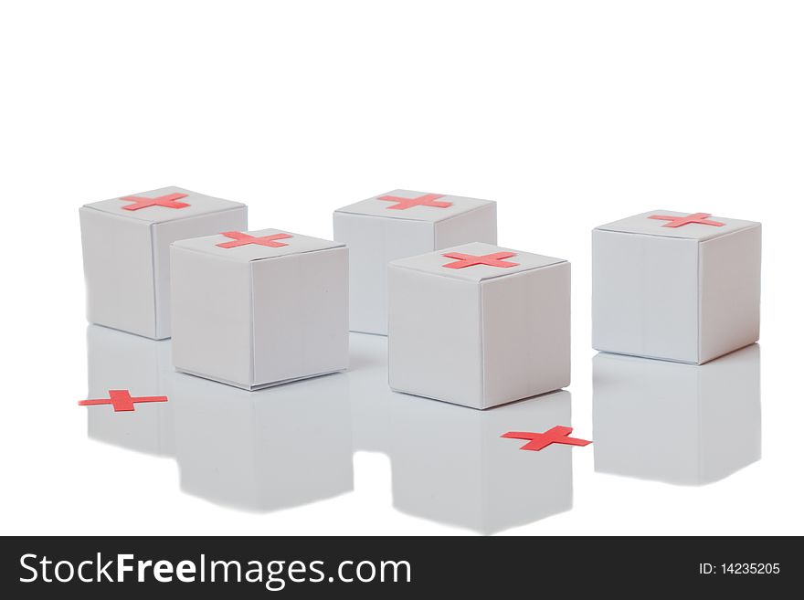 White boxes with red cross on isolated background