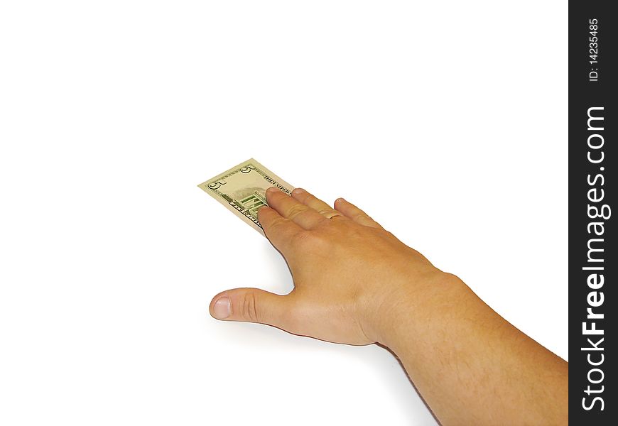 The hand that sends banknote. On white. The hand that sends banknote. On white