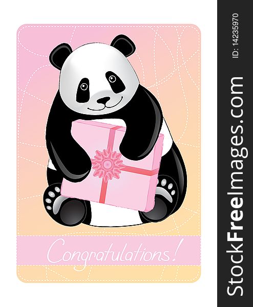 Postcard with a smiling panda holding a gift. Vector illustration. Postcard with a smiling panda holding a gift. Vector illustration.