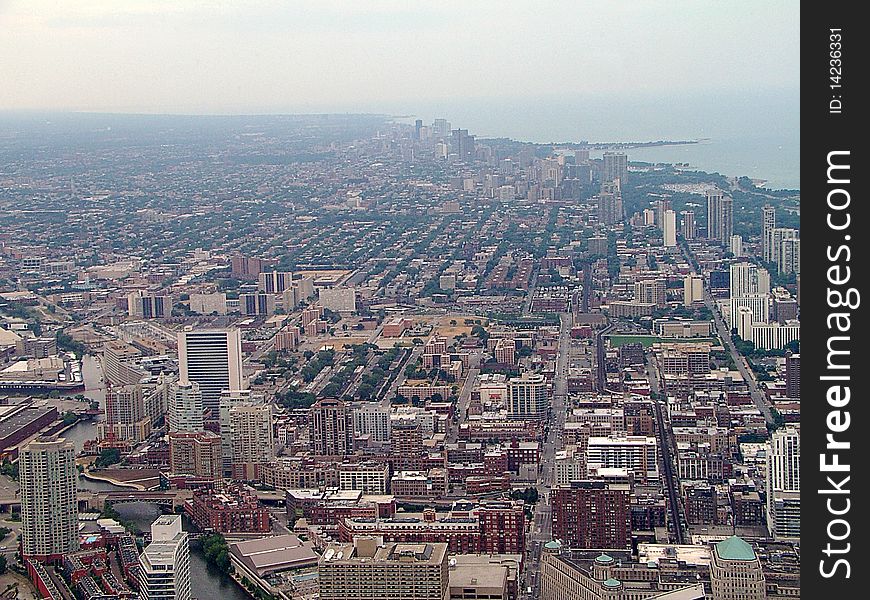 Downtown Chicago city skyline as seen from the 103rd floor of the Sears tower.