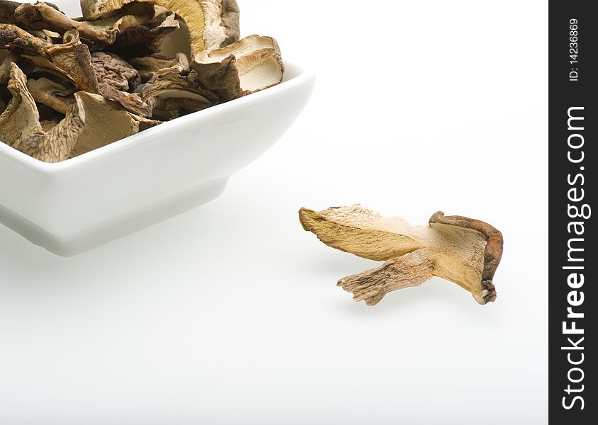 Dried Porcini Mushrooms In A White Dish Up On A White Background