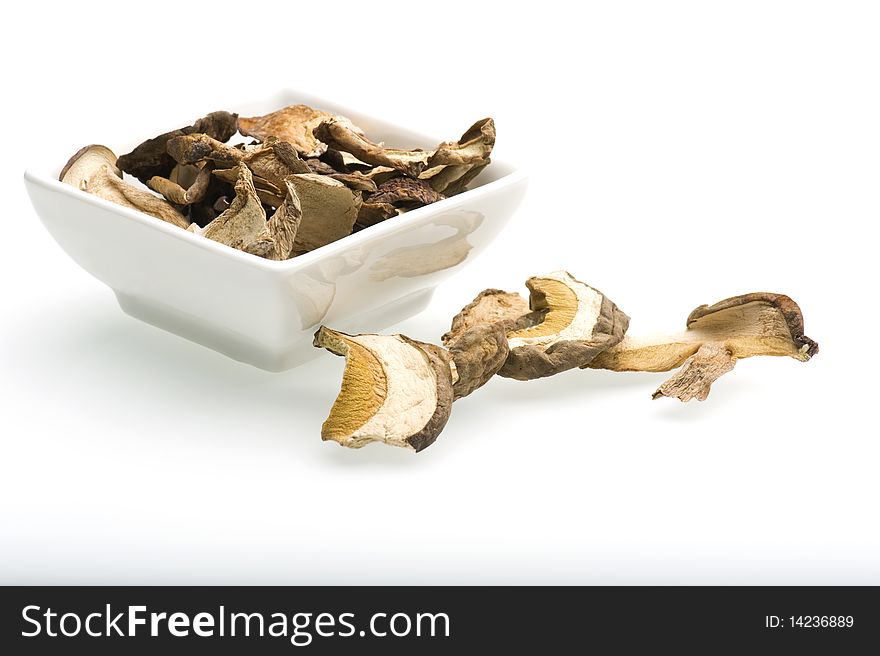 Dried Porcini Mushrooms In A White Dish Against A White Background