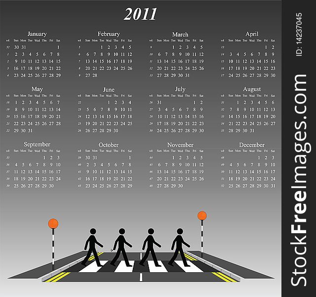 2011 calendar with four men on a zebra crossing