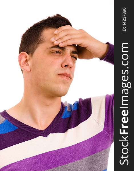 Young man with headache, isolated in white background