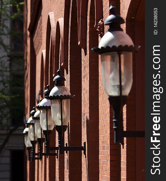 Historic lights light the path alongside the old city market in Lancaster, PA. Historic lights light the path alongside the old city market in Lancaster, PA.