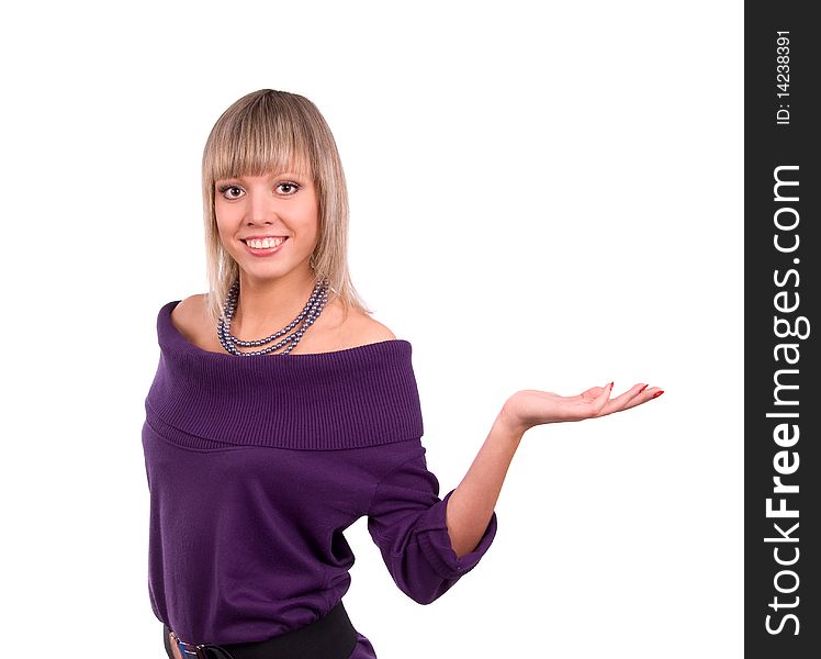 Young girl holding something on her hands. Photo of showing female, isolated on white. Woman presenting something. Young girl holding something on her hands. Photo of showing female, isolated on white. Woman presenting something