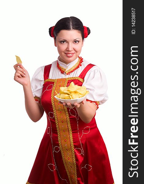 German/Bavarian girl with a traditional Oktoberfest Ma?krug. Smiling woman in red drindl is holding a potato chips. Young woman dressed in a Bavarian dirndl. German/Bavarian girl with a traditional Oktoberfest Ma?krug. Smiling woman in red drindl is holding a potato chips. Young woman dressed in a Bavarian dirndl.