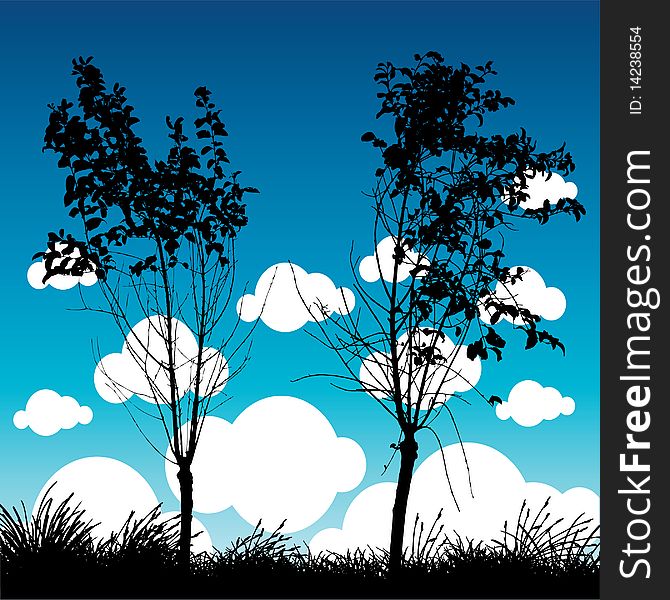 Illustration of two trees on a cloudy background