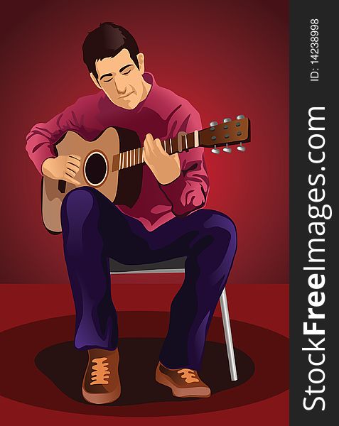 An image of a young man sitting on a chair and playing an acoustic guitar. An image of a young man sitting on a chair and playing an acoustic guitar