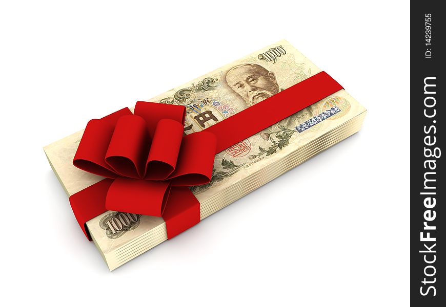 Gift of money. Stack of yen bills with red ribbon isolated on white background. High quality 3d render.