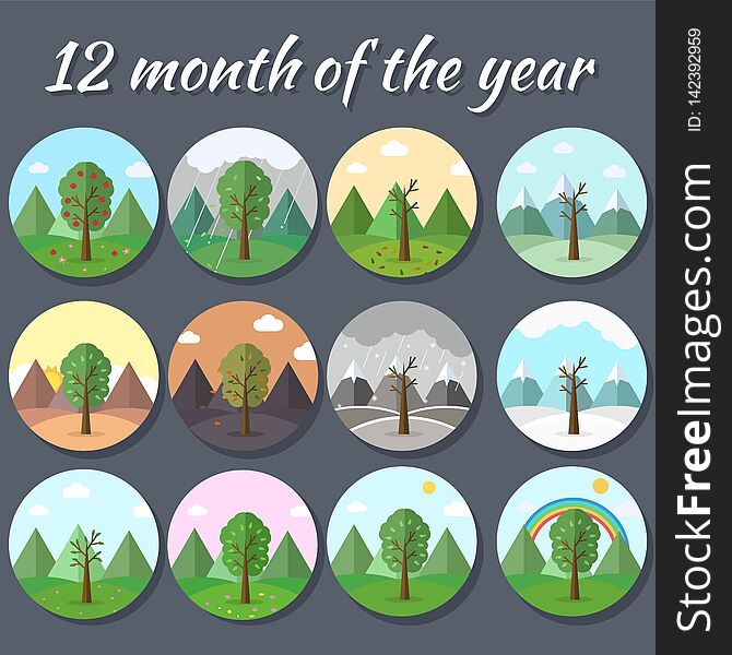 12 Months of the Year. Weather year information set. Seasons banners. Infographic concept background. Layout illustrations template pages with typography text. 12 Months of the Year. Weather year information set. Seasons banners. Infographic concept background. Layout illustrations template pages with typography text.