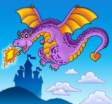 Huge Flying Dragon Near Castle Royalty Free Stock Photography