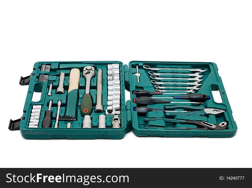 Toolkit of various tools in the box isolated over white