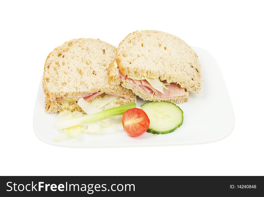 Wholemeal bread ham and salad sandwich. Wholemeal bread ham and salad sandwich