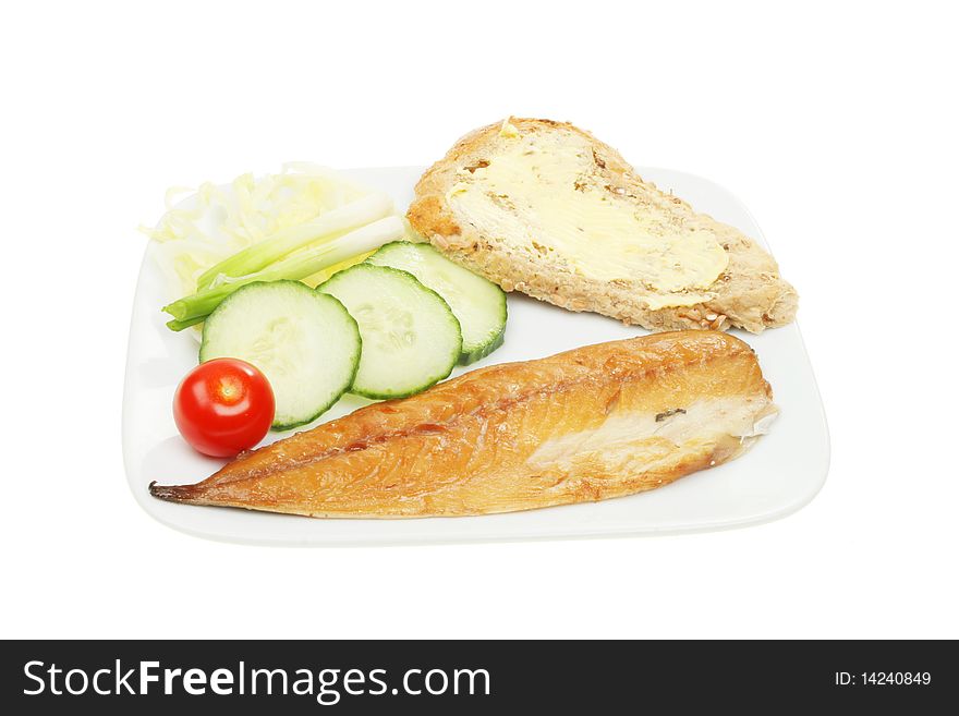Platter of smoked mackerel salad and bread isolated on white. Platter of smoked mackerel salad and bread isolated on white