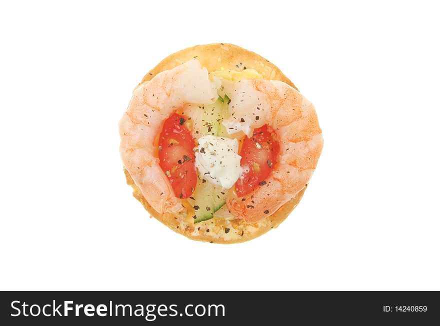 Prawn tomato cucumber and mayonnaise canape. Prawn tomato cucumber and mayonnaise canape