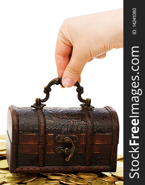 Wooden casket full of coins