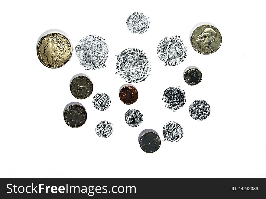 The American coins present and drawn by a pencil