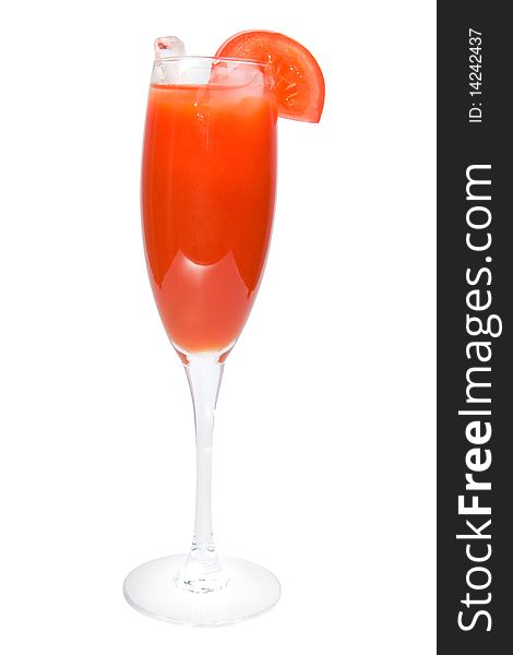 Tomato juice in a high glass on a white background