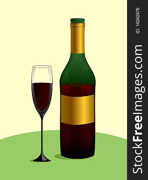 Bottle and glass with red wine on a green table. Bottle and glass with red wine on a green table.