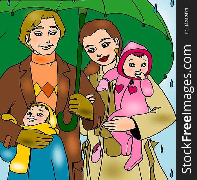 Illustration is a family united and happy, that sheltering under an umbrella with rain. Illustration is a family united and happy, that sheltering under an umbrella with rain.