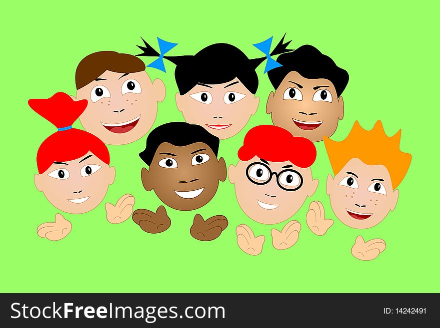 Group of applauding children on a green background.Children are glad and laugh. Group of applauding children on a green background.Children are glad and laugh.