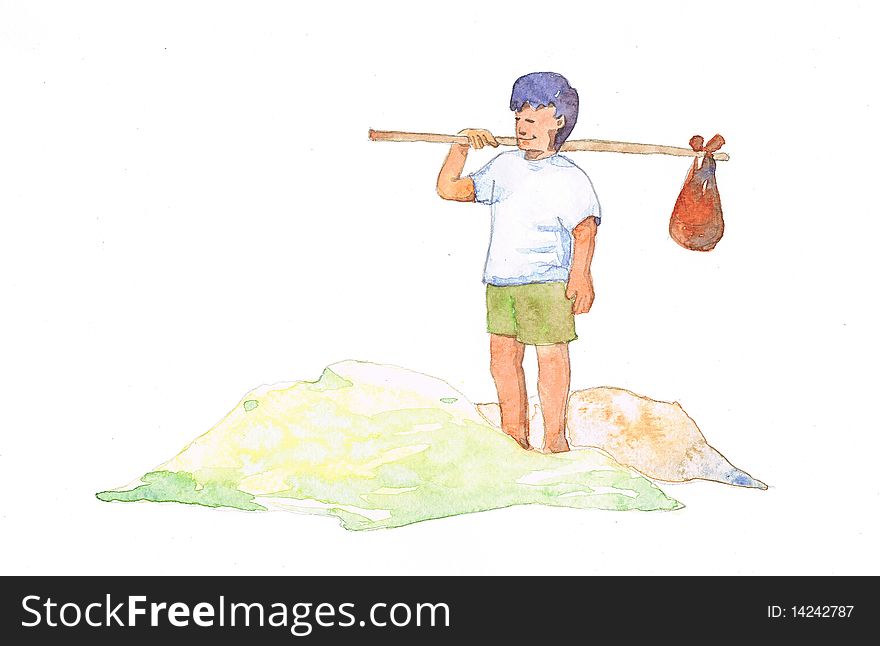 Travelling Boy In Water Color
